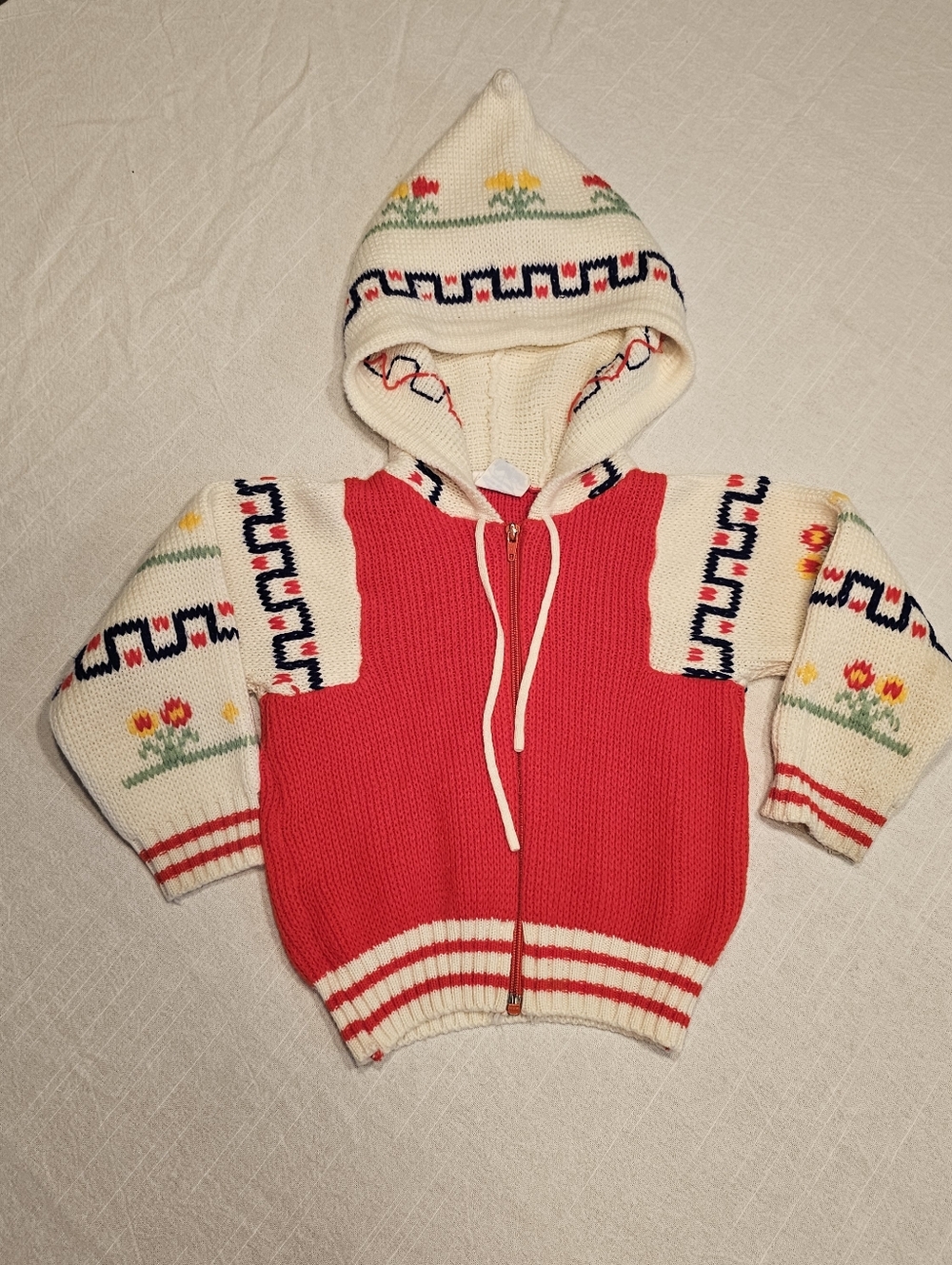 Nann-Knits Vintage Zip Front Sweater Holland Dutch Tulips Toddler Hooded 2T